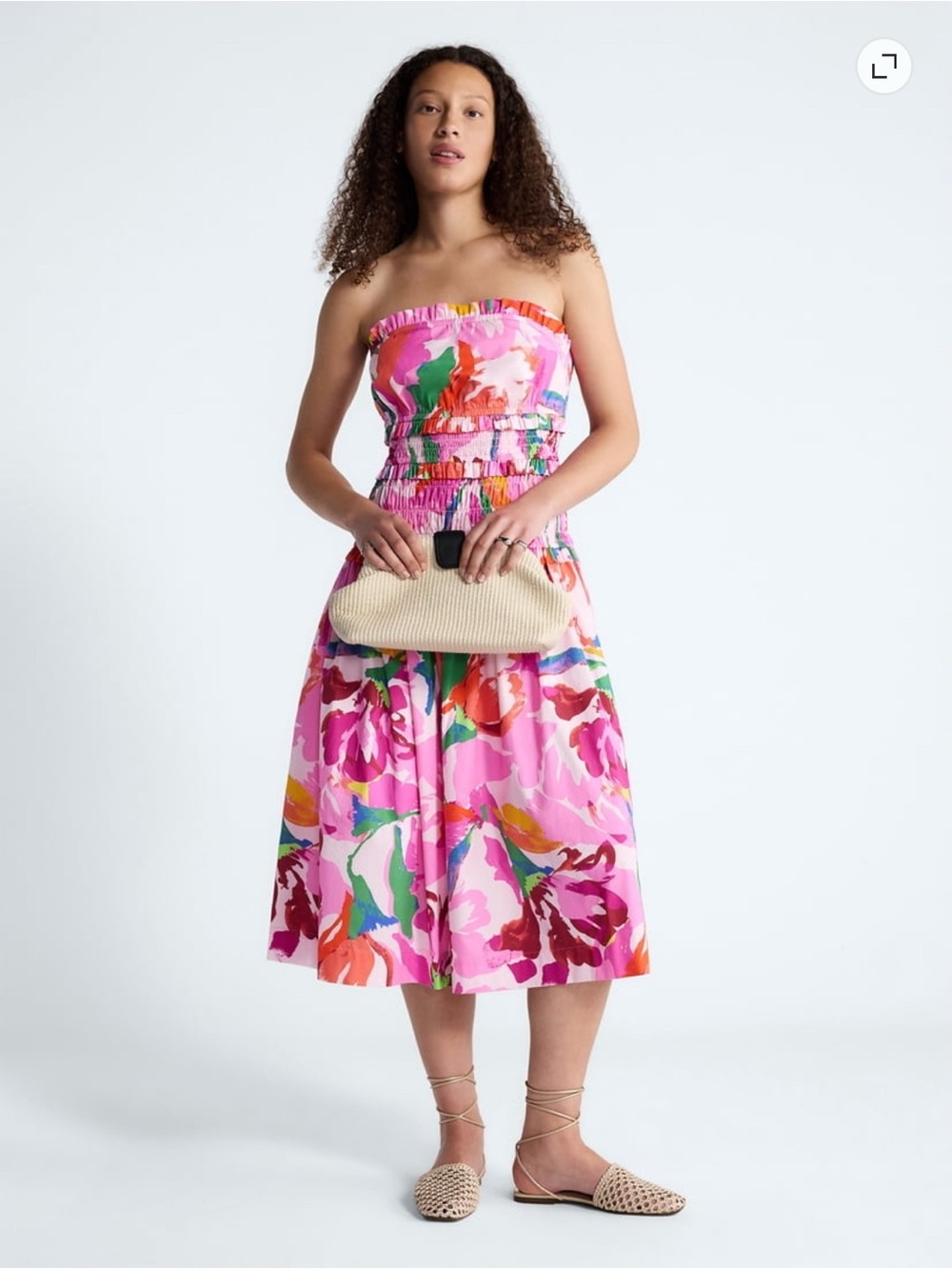 Free Assembly Pink Floral Strapless Poplin Tiered Midi Dress Coastal Cottage L